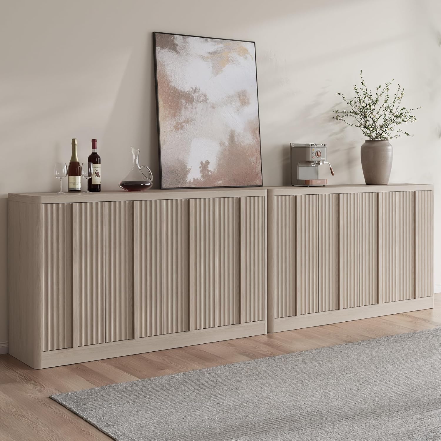 Fluted Buffet Cabinet with Storage, 120"Sideboard Buffet Cabinet with 8 Door-Modern Credenza Storage Cabinets with Adjustable Shelves, Solid Wood Handles for Kitchen, Living Room, White Alder(2PC)
