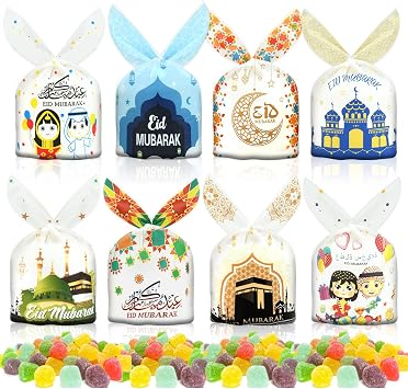 AhfuLife 80 Pcs Eid Mubarak Party Treat Bags, Eid Mubarak Decorations, Ramadan Mubarak Sweets Biscuit Goodie Favor Bags for Islam Party Decorations