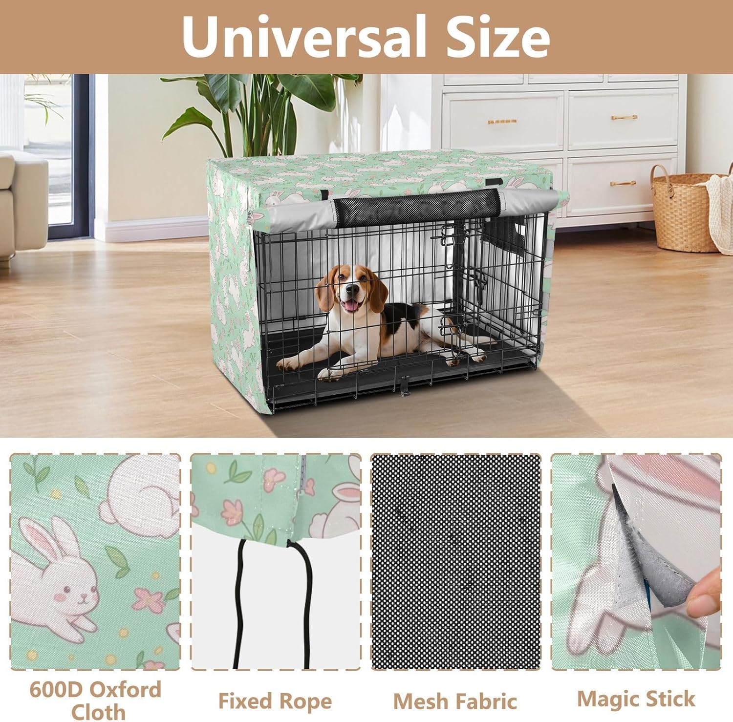 Duty 600D Silver Coated Dog Crate Cover, Water-Resistant Rabbits Print Pet Kennel Canopy with Mesh Windows for Optimal Ventilation, Universal Fit for Standard Wire Cage, Indoor & Travel