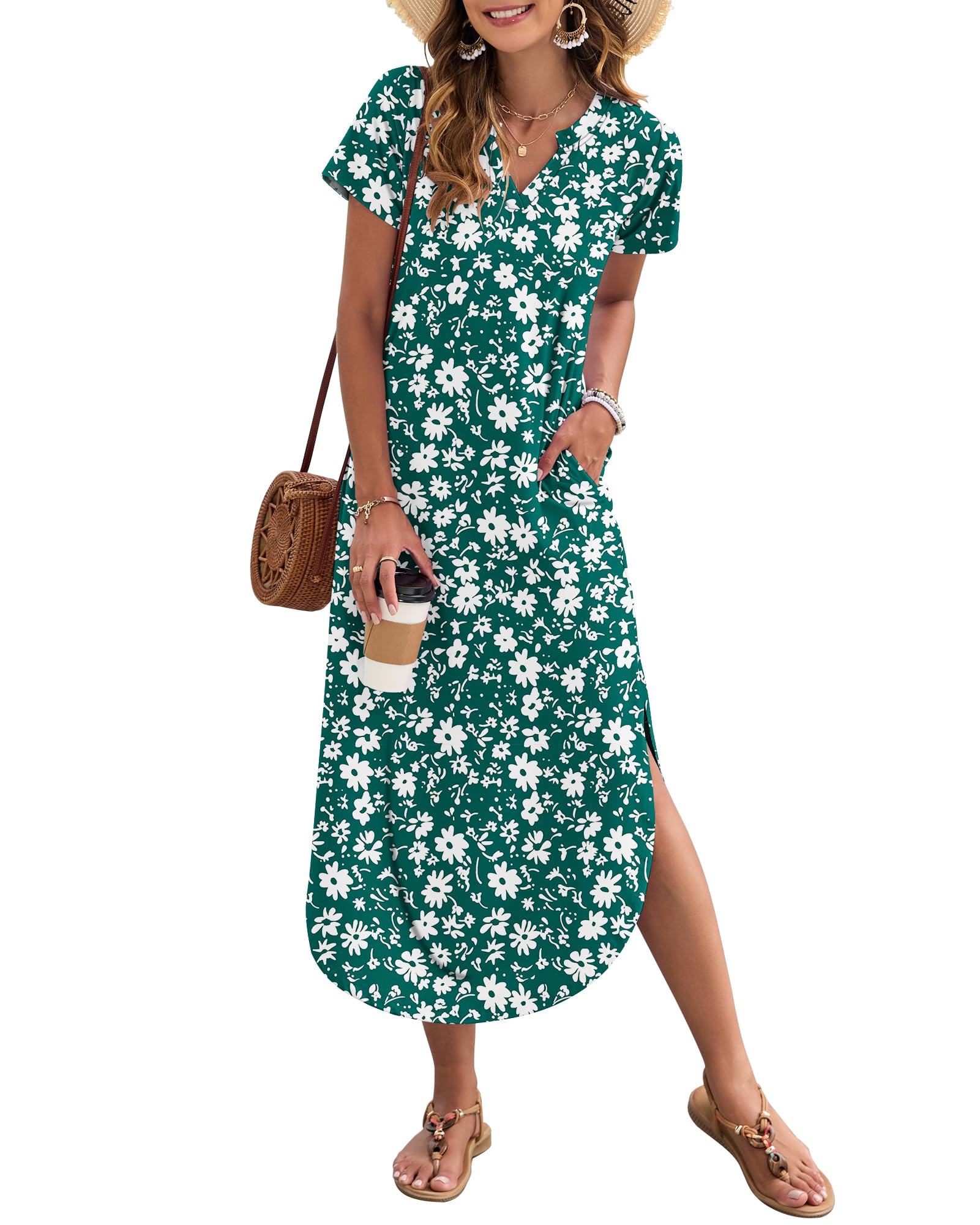 AUSELILY Damen Sommer Maxikleid Kurzarm V-Ausschnitt Lockeres Strandkleid mit Seitenschlitz für Urlaub