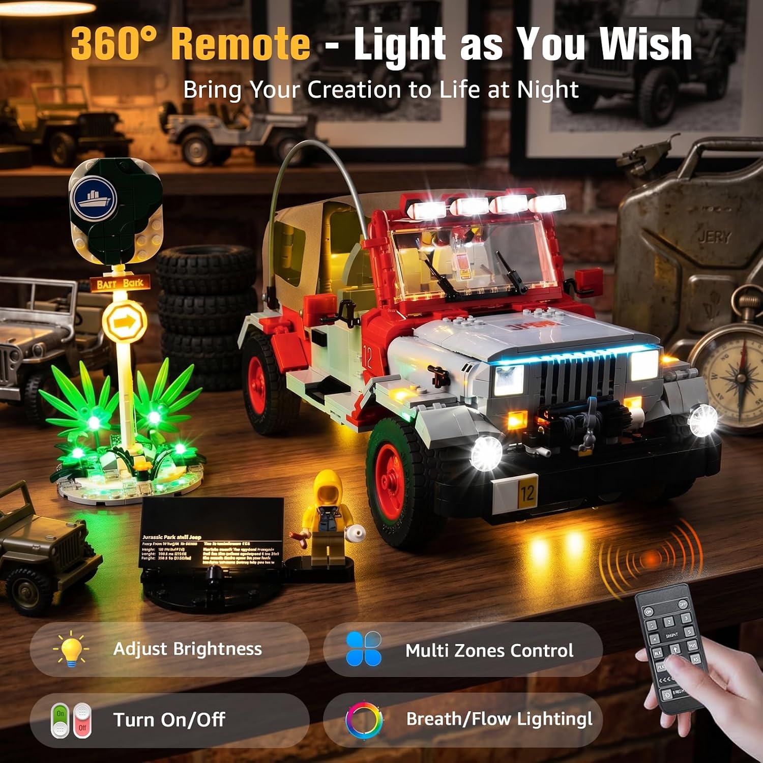 BrickSoul RC Light Kit Compatible with Lego 77984 Jurassic Park Jeep Wrangler Building Set | Upgraded Remote Control & Multi-Mode Dimming & Zonal Lighting (77984 Set NOT Included)