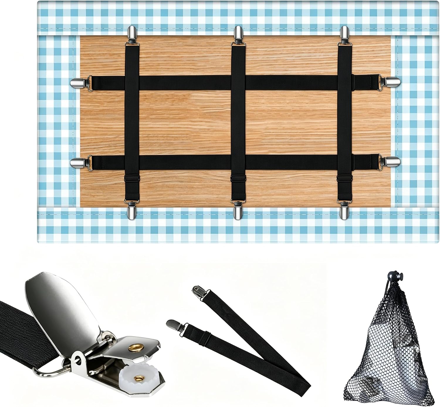 Table Cloth Holder Clips Hidden Straps 5 Pack,Adjustable Elasticity Picnic Tablecloth Clips,Large Clamps for Thick Tables Bench Cover Indoor Outdoor Party Restaurant Camping RV Essential (black)