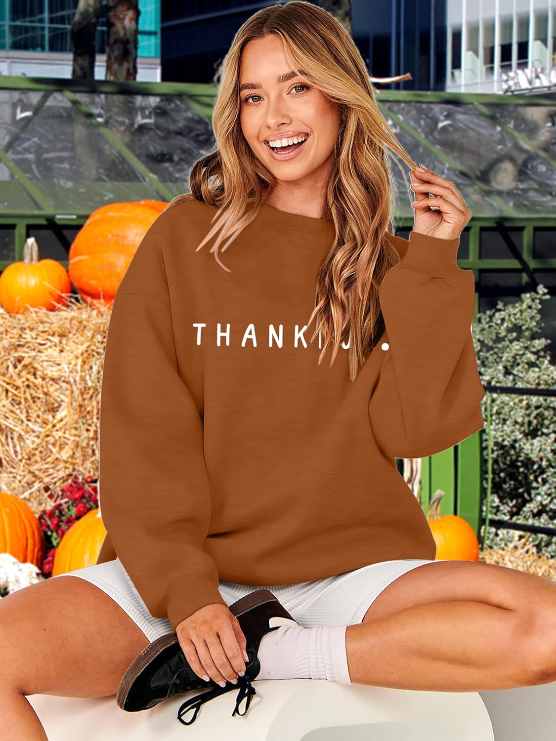Thanksgiving Sweatshirts for Women Thankful Letter Print Pullover Long Sleeve Gift Fall Shirts Tops Blouse - Image 2