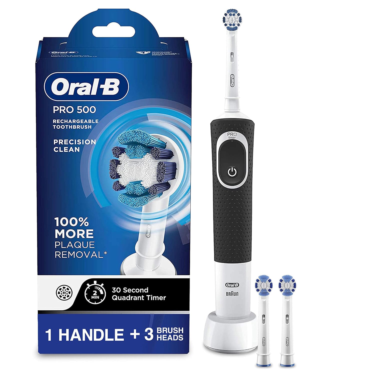 Oral-B Pro 500 Electric Power Rechargeable Toothbrush with Automatic Timer and 3 Precision Clean Brush Heads