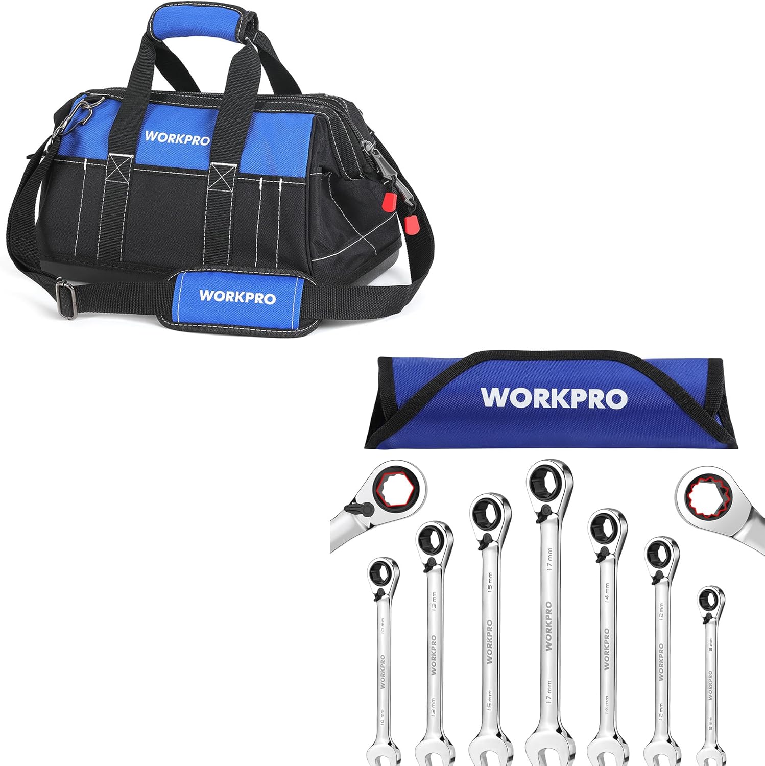 WORKPRO 7-Piece 3-in-1 Reversible Ratchet Wrench Set & WORKPRO 16-inch Wide Mouth Tool Bag