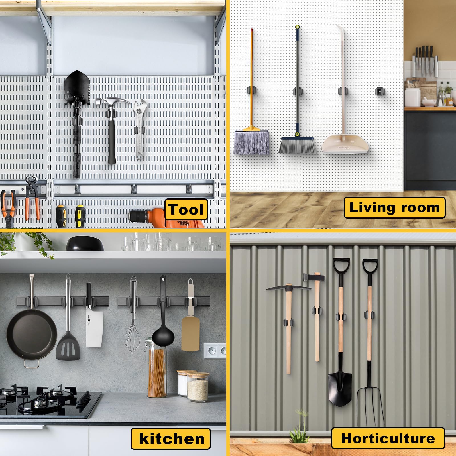 Support Adhésif Pour Balai/vadrouille Mural - Organisateur Maison, Cuisine, Salle De Bain, Blanc/jaune - 8