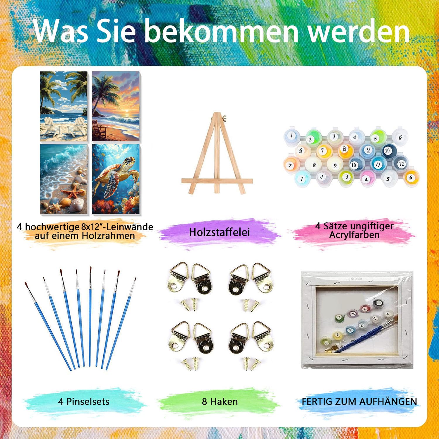 Pujeknm 4 Stück Malen nach Zahlen Erwachsene mit Rahmen - Holzstaffelei, Strand Malen nach Zahlen auf Leinwand, DIY Meeresschildkröte Acryl Ölmalerei Kits mit Pinseln für Home Wall Decor, 20x30 cm