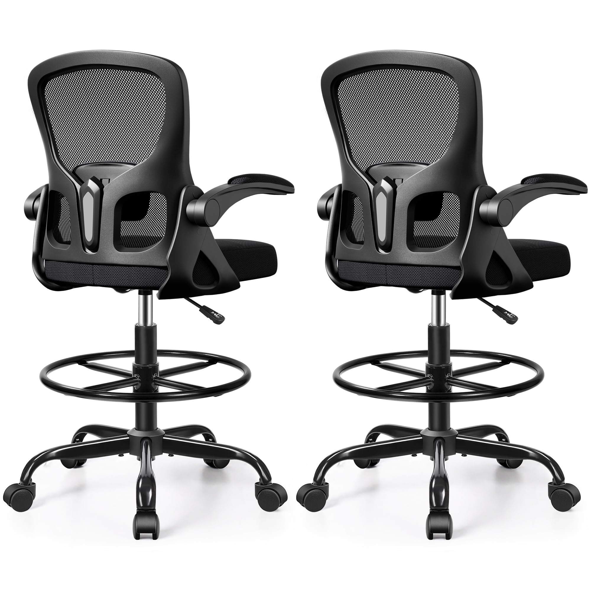 2-Pack Drafting Chair Tall Office Chair for Standing Desk - Ergonomic Computer Work Stool with Flip-up Arms, Foot Ring &amp; Adjustable Lumbar Support. Ideal for Studio, Artist,Study (Black)