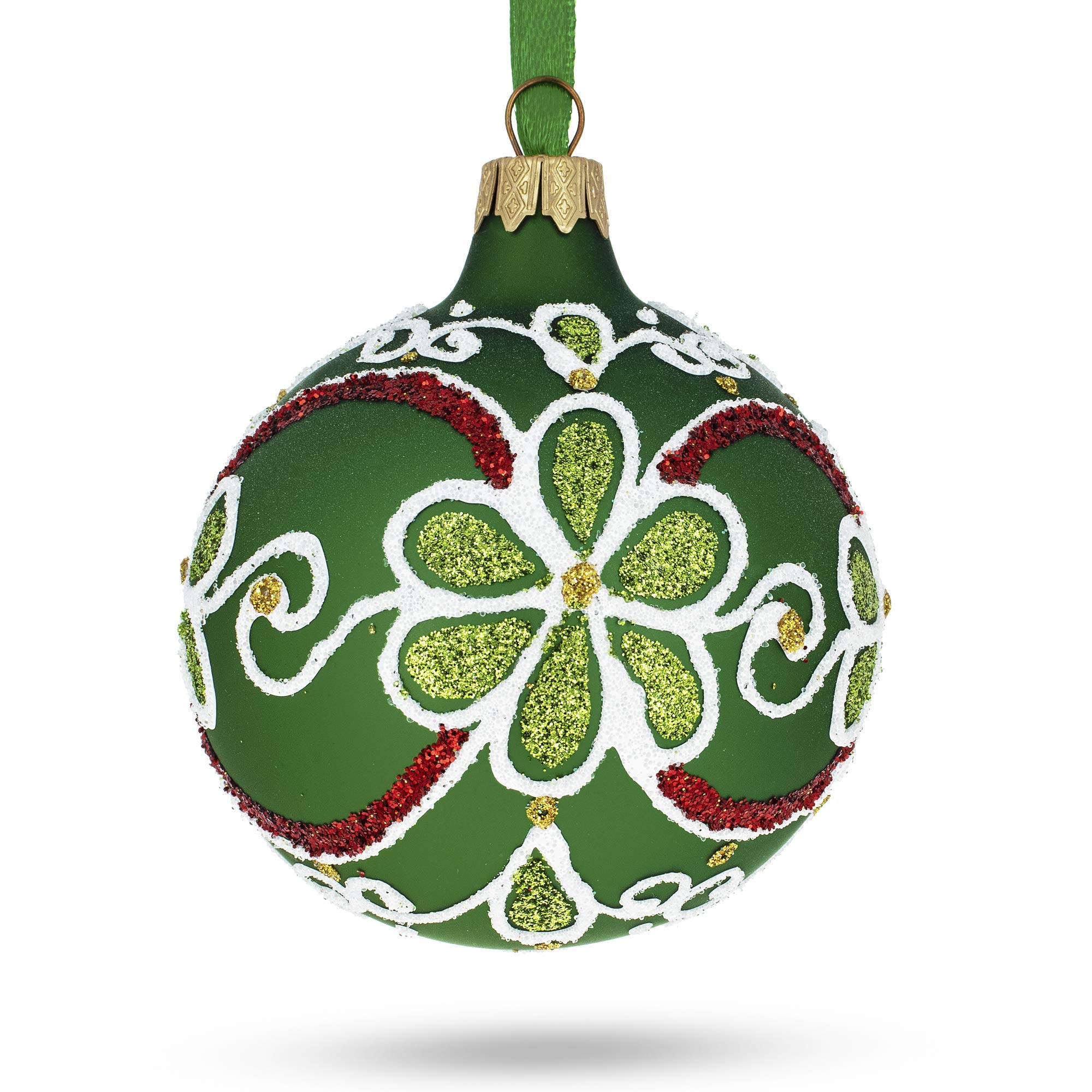 Brotas Esmeralda: Flores en Bola de Vidrio Verde Soplado Adorno de Navidad de 3.25 Pulgadas