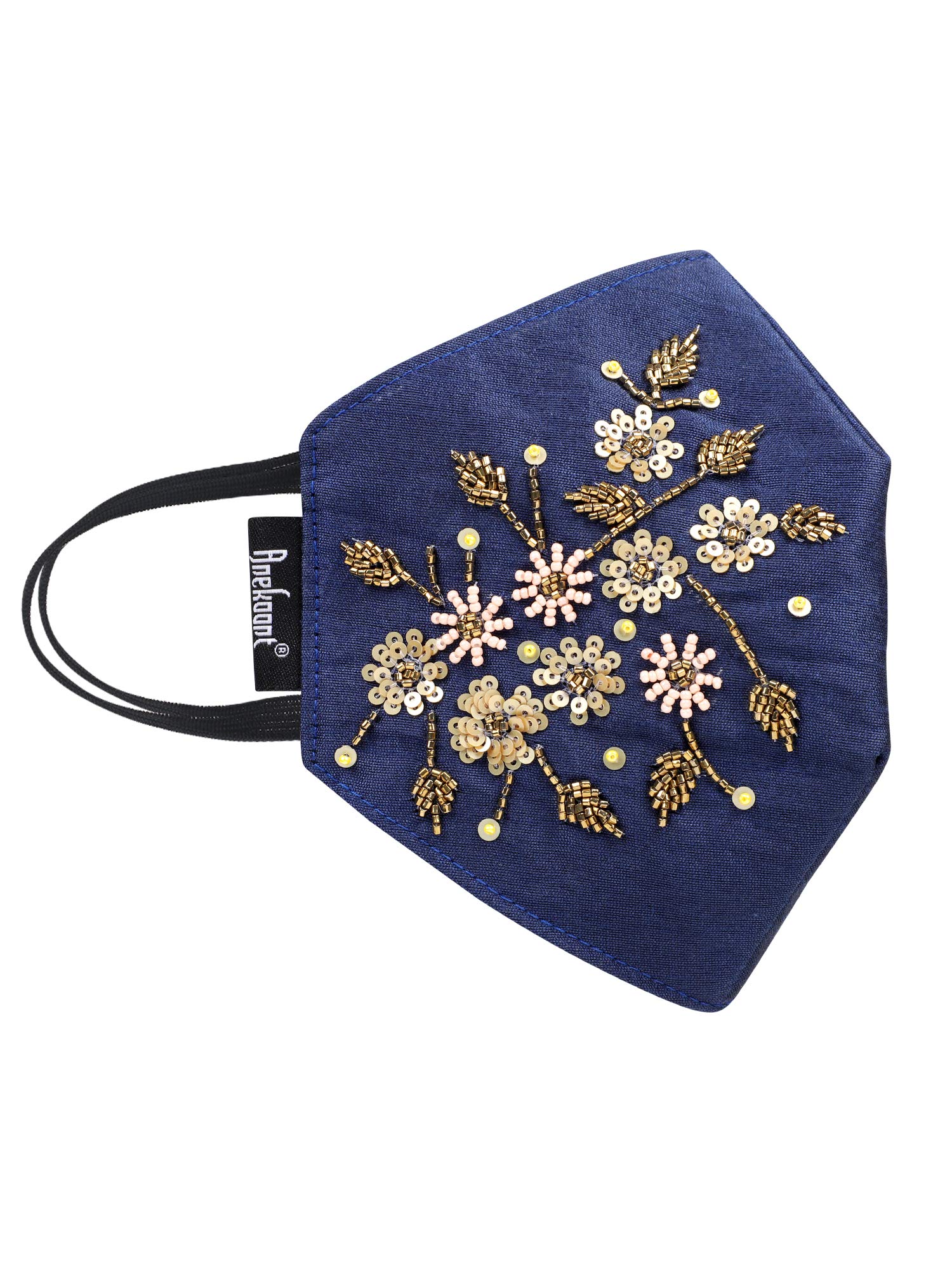 Anekaant 3-Ply Faux Silk Embellished Fabric Reusable Fashion Mask for Women (Navy Blue and Gold) 2