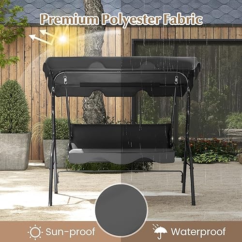 Miniatura 5 de RELAX4LIFE Silla columpio para porche para 3 personas, columpio para exteriores con toldo ajustable, cojín extraíble y soporte de marco de metal,