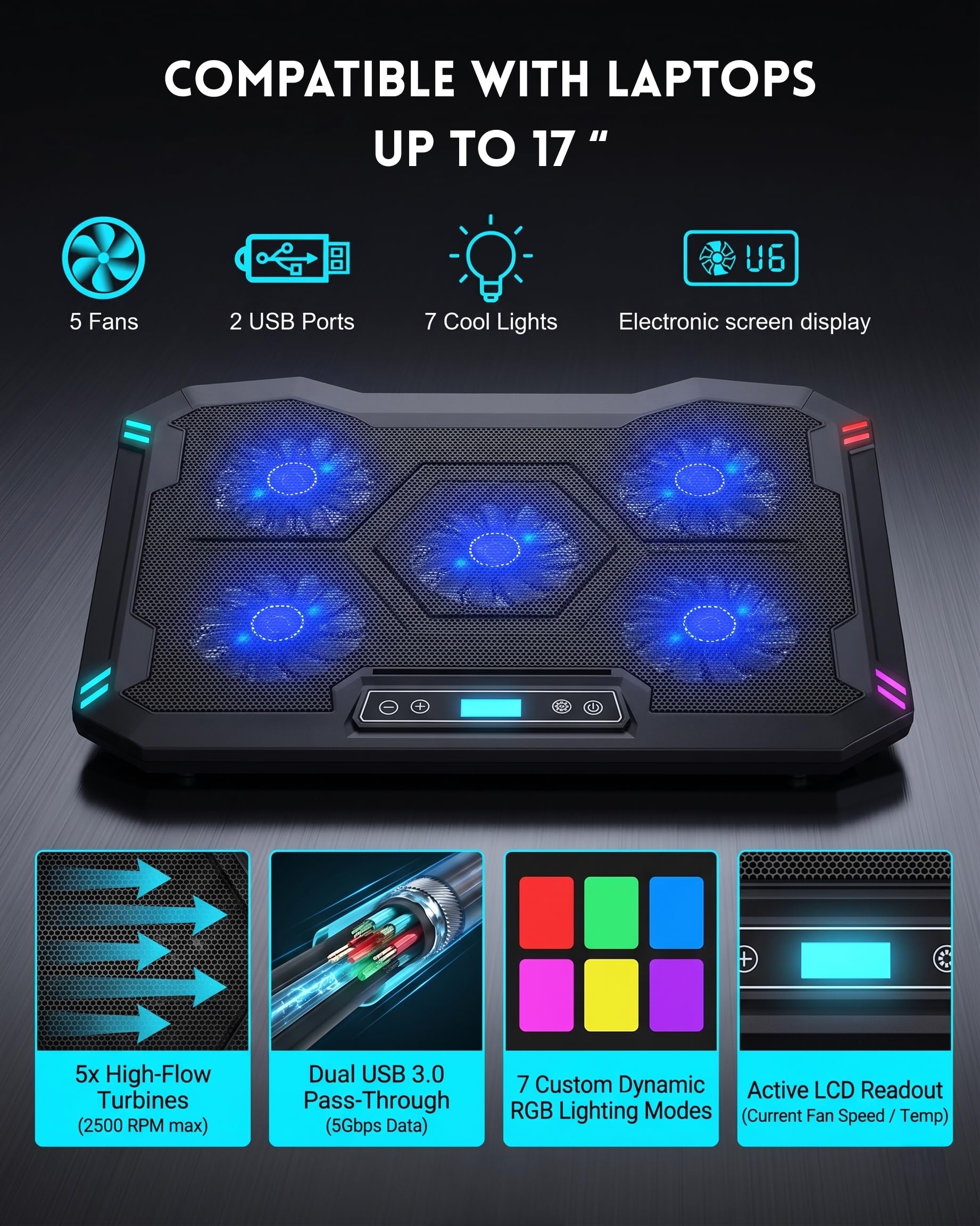 AFI Electronics Laptop Cooling Pad, 5 Leise Lüfter Gaming Laptop Kühler für 11-17 Zoll, RGB LED, LCD Display, 6 Lüftergeschwindigkeiten, 8-Höhenverstellbarer Ständer, Dual USB-Anschlüsse, Notebook