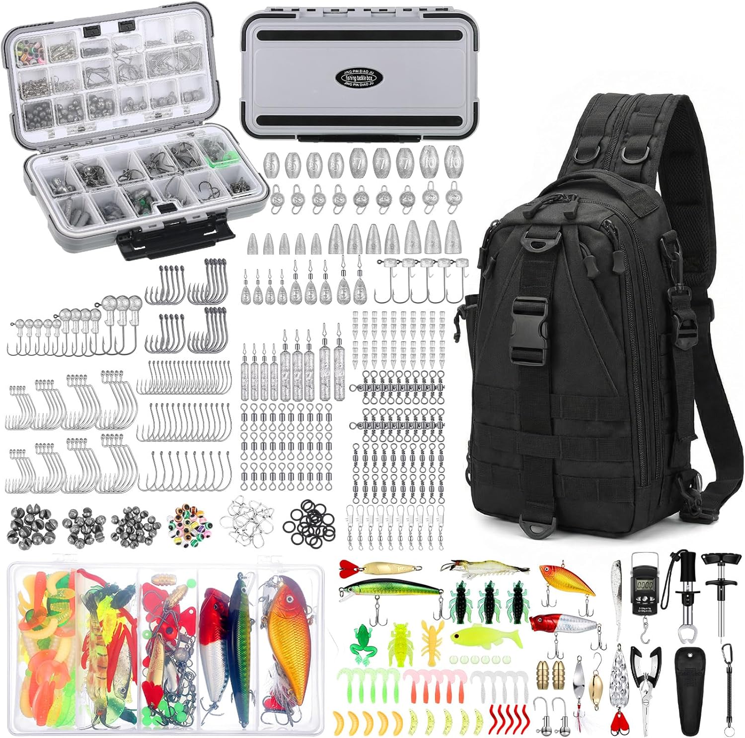 WinnerWhy 484 Pcs Fishing Tools Accessories Kit Include Fish Backpack Fish Hook Lures Hook Remover Lip Gripper for Men Women Fishing Gifts(Black)