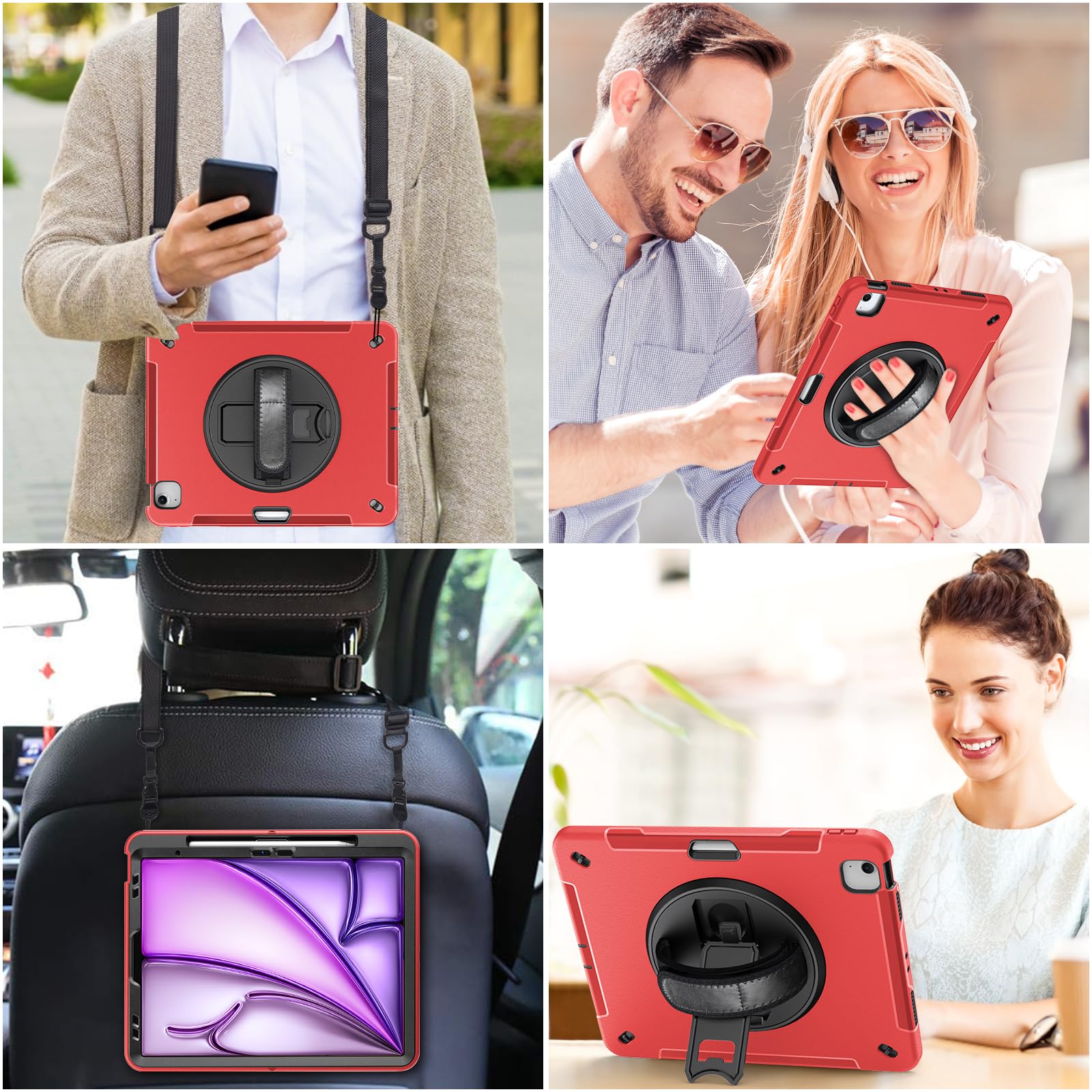 Miesherk Hülle für iPad Air 13 Zoll M4/M3/M2 2026/2025/2024: 3-Schichte robuste stoßfest Case iPad Pro 12.9 6./5. mit Displayschutzfolie-Stifthalter-Drehbarer Ständer-Handschlaufe-Schultergurt-Rot