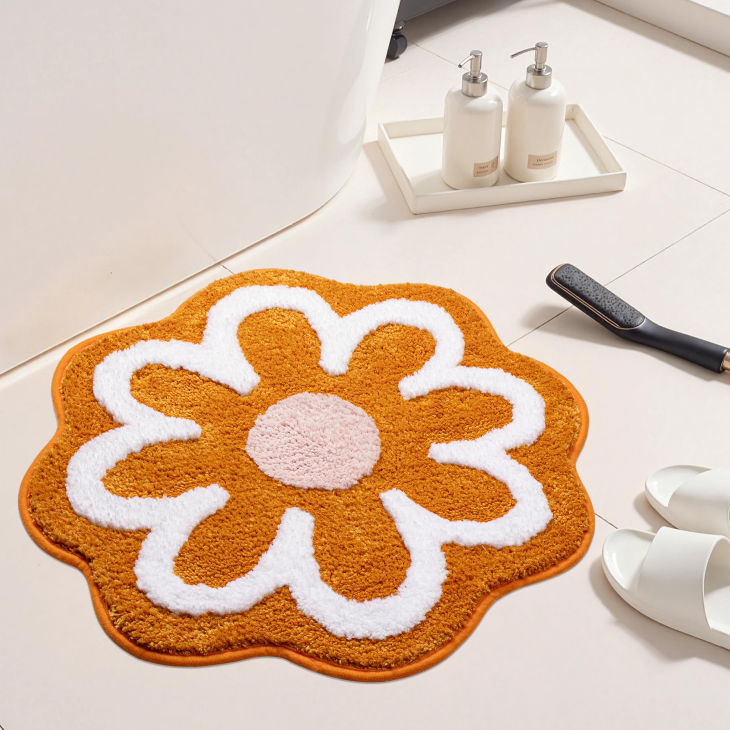 Burnt Orange Bathroom Rugs Flower Bath Mats for Bathroom Floors Non Slip Plush Fluffy Bathmat Extra Soft Absorbent