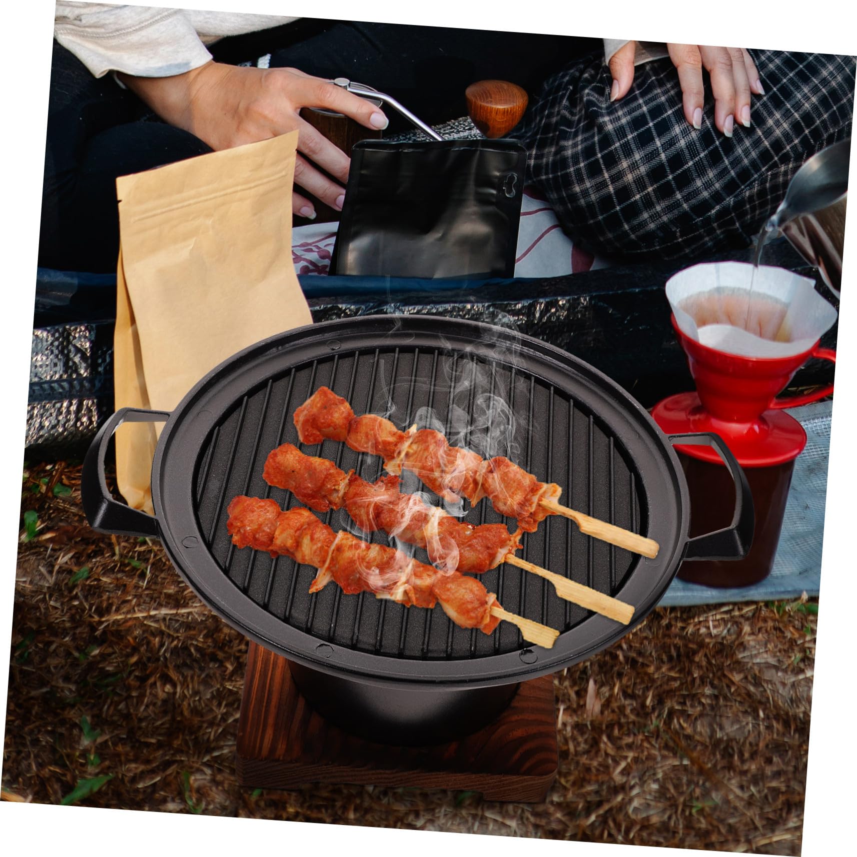 Parrilla Portátil para Barbacoa Mini para 2-3 Personas Negra | Aleación de Aluminio y Madera , Uso en Camping y Hogar , Apta para Maíz y Carne