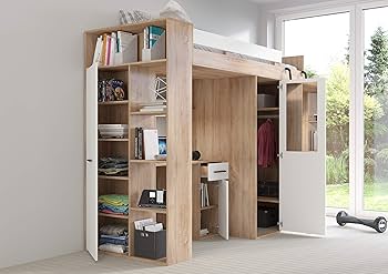 FurnitureByJDM High Sleeper Bed With Desk And Wardrobe U2013 Space Saving Loft Bed For Kids (110x204 Cm) Mattress Size 80x200 Cm U2013 Right Side Ladder U2013 SMYK (White/Lavender