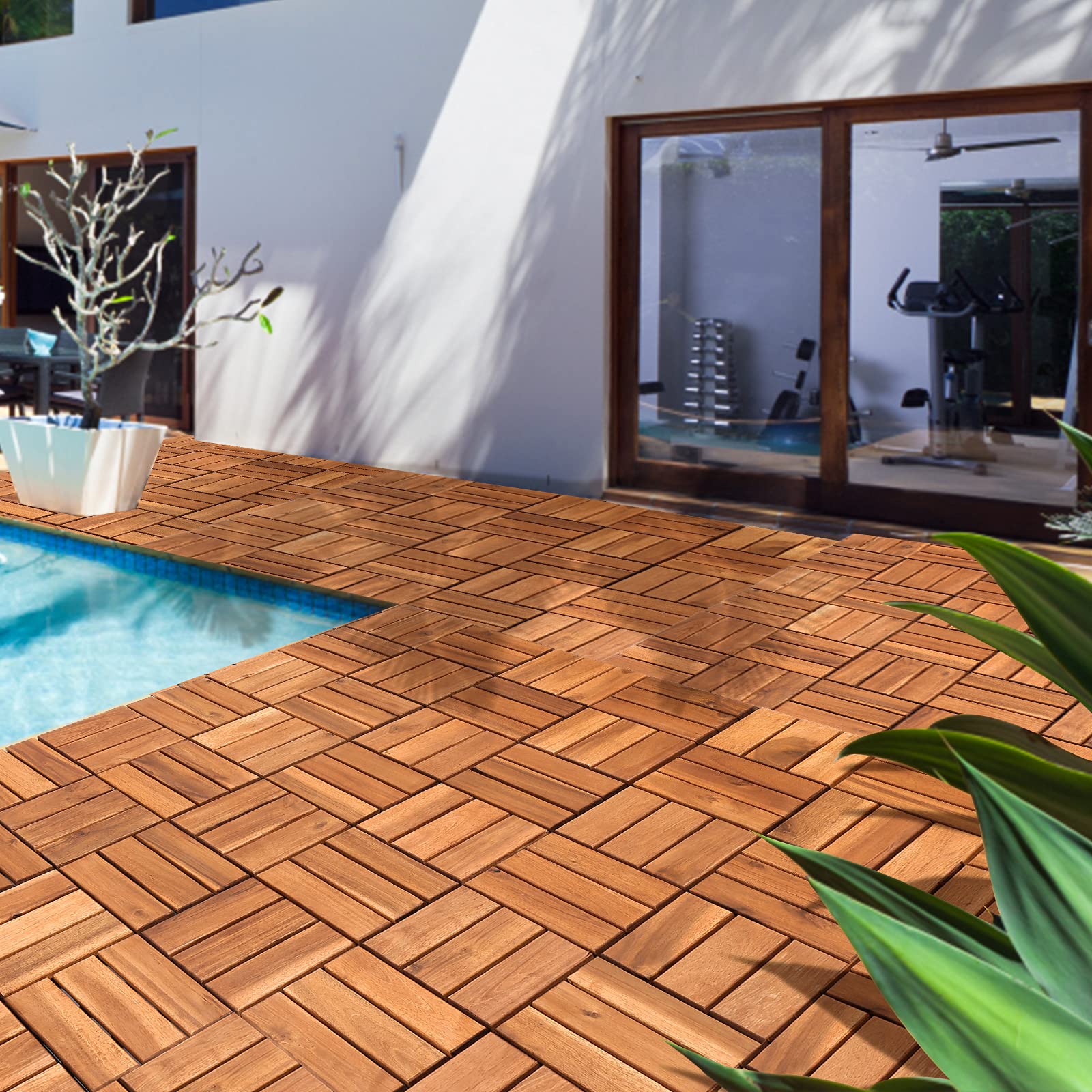 Herrselsam Holzfliesen Terrassenfliesen, 30x30 cm Holzfliesen aus Akazien Holz, 12 Latten Fliese 1m², Bodenfliesen geeignet als Terrassenfliesen und Balkonfliesen(11 Stück)