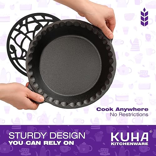 Miniatura 4 de KUHA Molde de hierro fundido de 9 pulgadas – Plato redondo para hornear pre-sazonado para tartas de manzana, calabaza y cereza – Bandeja