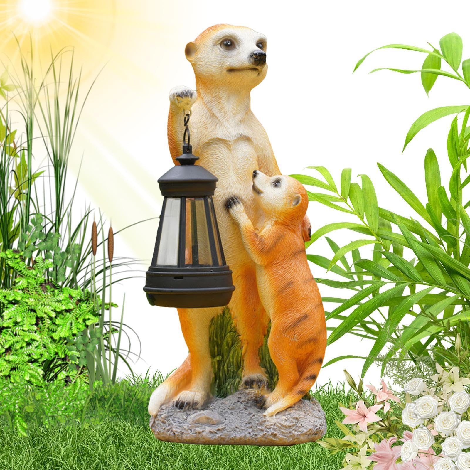 Generico Statuetta di Suricato Arredo Giardino Per Esterni | Scultura d'Arte di Mamma Suricato e Piccoli con Luce Solare Figurina Da Collezione Decorazione Animale Per Balcone Cortile