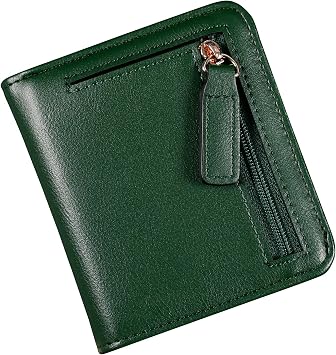 Small Wallet Women RFID Blocking Leather Bifold Compact Card Holder Wallet for Women With Zipper Coin Pocket ID Window Green