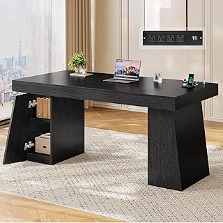 55.9 in Executive Desk with Power Outlets, Modern Home Office Desk with ...