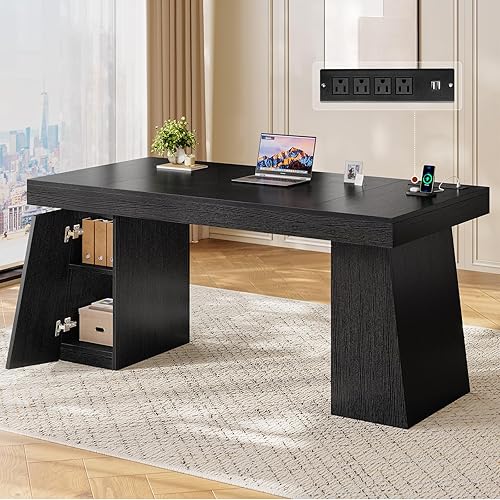 55.9 in Executive Desk with Power Outlets, Modern Home Office