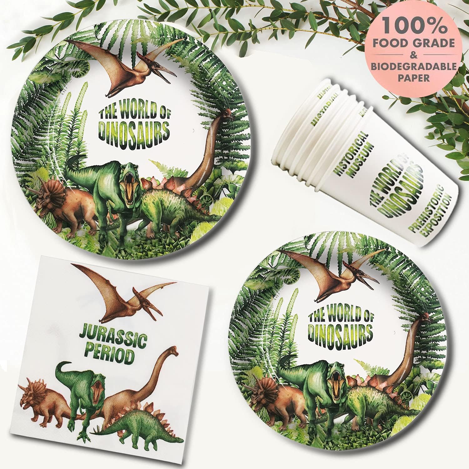 Watercolor Dinosaur Party Supplies Set Servers 24 Guests, Dinosaur Theme Party Decorations for Boys, Dinner Plates, Dessert Plates, 9 Oz Cups and Napkins for Kids Birthday Party Baby Shower School Party