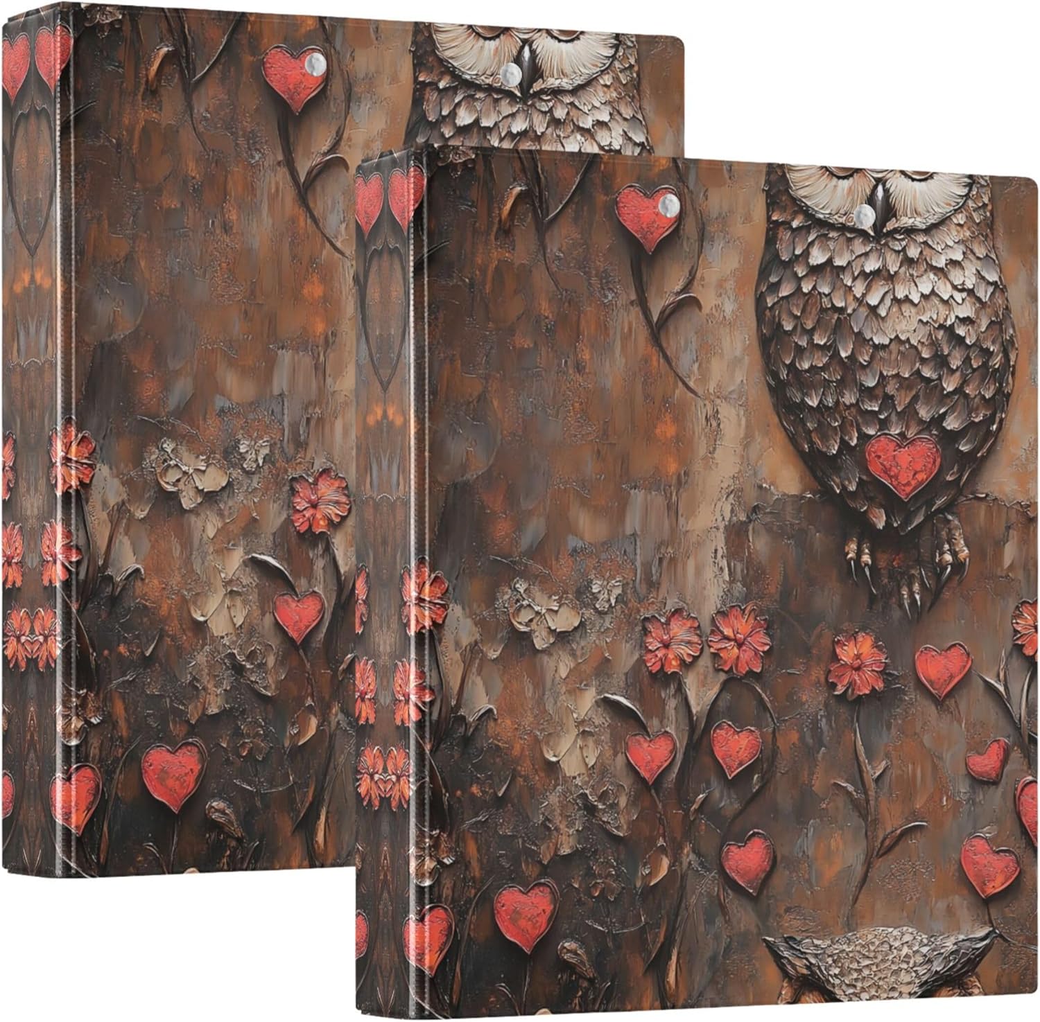 Retro Valentine's Day Owl 3 Ring Binders, 1.5” Round Ring Binders with Clipboard - Letter Size, 3 Interior PVC Clear Pockets & Anti-Slip Clip for Office School Supplies, 2PCS