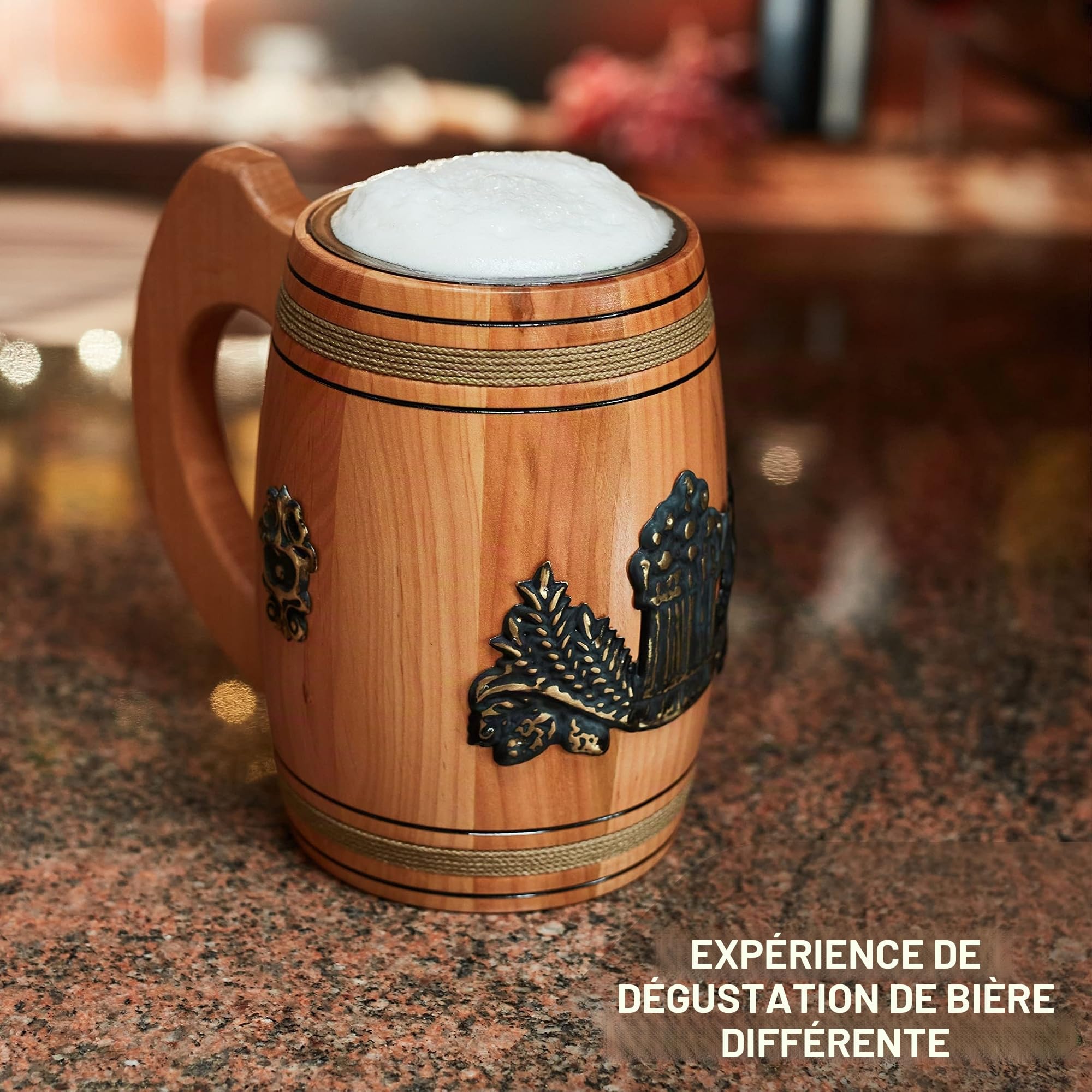 NOVECRAFTO Tasse à bière en bois, capacité de 0,5 l, style rustique, médiéval, anti-fuite, réutilisable, cadeau pour lui, tasse viking fabriquée à la main, chêne véritable, couleur marron clair