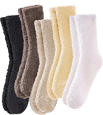 VoJoPi 5 Pairs Fuzzy Socks for Women - Microfiber Super Soft Fluffy Warm Winter Home Bed Cute Sleeping Cozy Socks, US 5-10