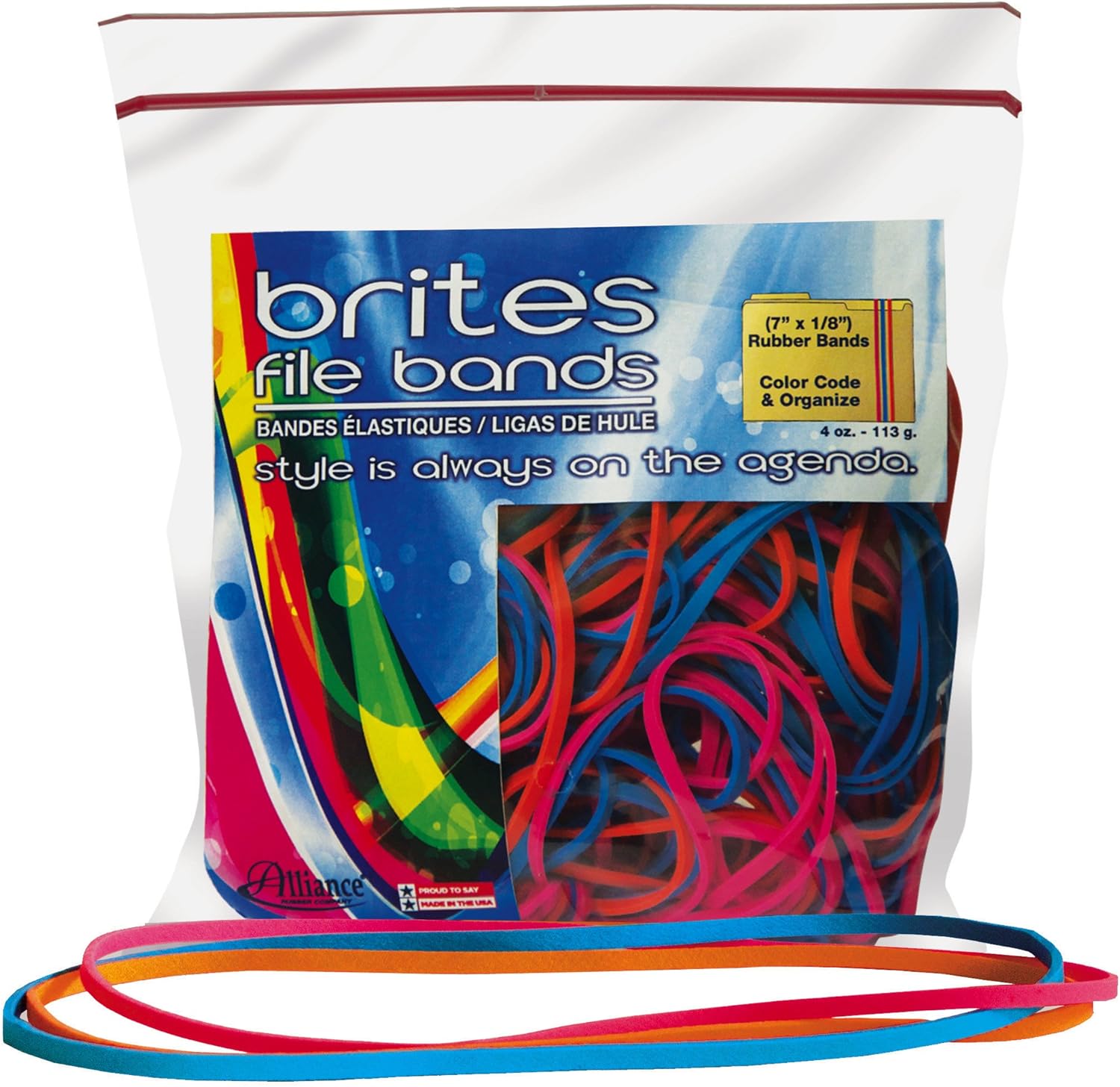 Alliance Rubber 07800 Non-Latex Brites File Bands, Colored Elastic Bands, 50 Pack (7" x 1/8", Assorted Bright Colors in Resealable Bag) : Rubber Bands : Office Products