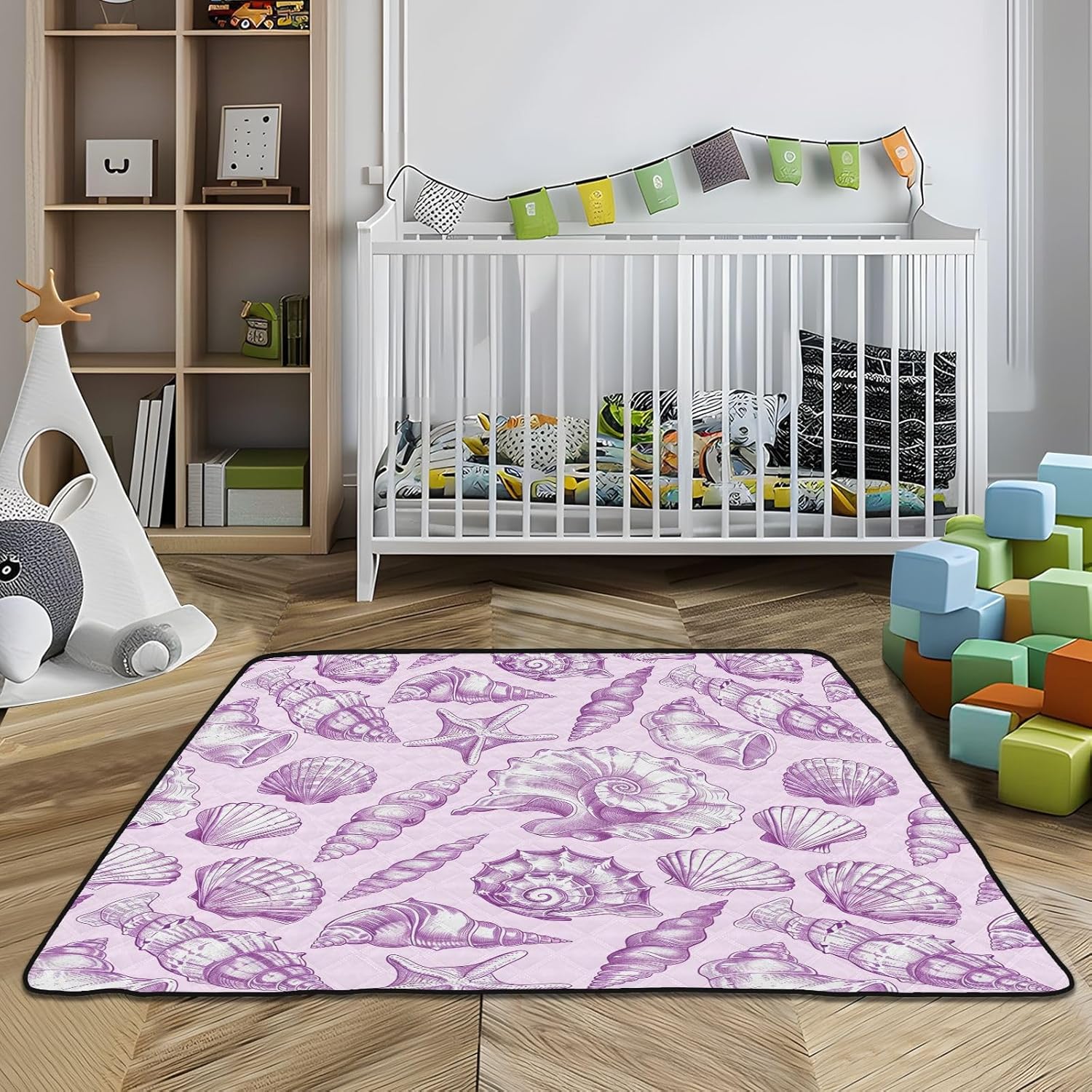 Baby Play Mat Purple Seashells Pink 50 x 50 Playpen Mats for Floor Play Gym Crawling Mat Non-Slip Cushioned Baby Playmat for Infants, Babies, Toddlers