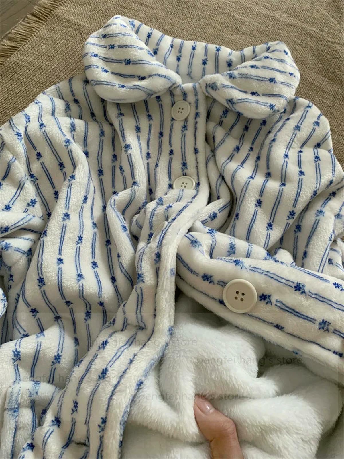 WANGQIQI Pigiama Pigiami Invernali da Donna Set A Casa-Striscia Blu-Una Taglia