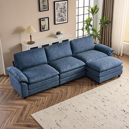 VINGLI 121" Cloud Linen Couch, Comfy Modular Sectional Sofa Set for Living Room,Modern 3-Seat Convertible Loveseat Sofa with 1 Ottoman for Small Space, Blue