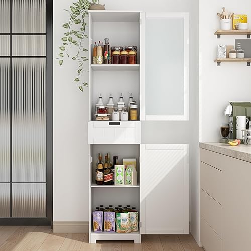 Miniatura 9 de Hlivelood Armario alto de baño con puertas de vidrio y cajón, gabinete de torre de lino independiente con estantes ajustables, ahorra espacio