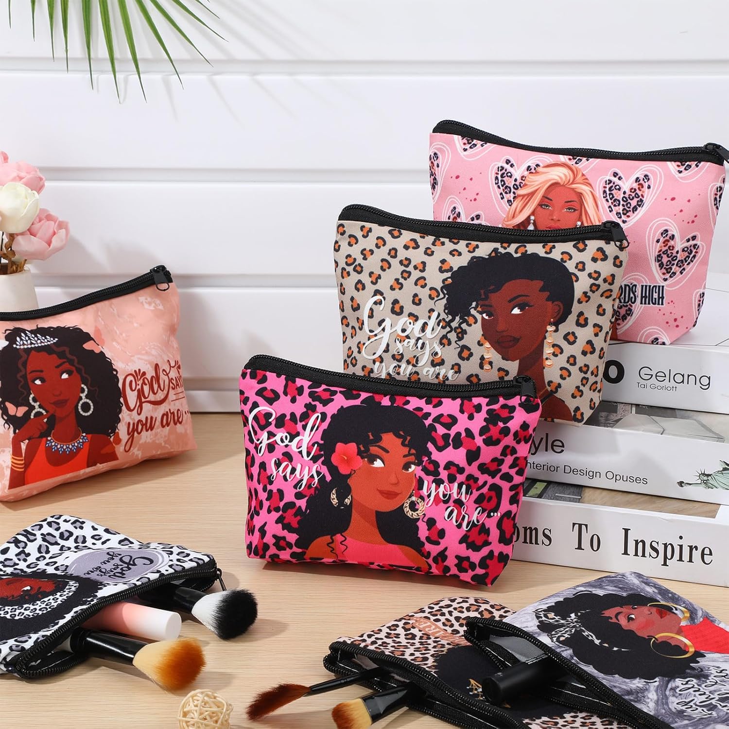 Sweetude 30 Pcs Black Women Cosmetic Bags African American Makeup Bag Reusable Canvas Toiletry Bag Zipper Pouches for Purse Afro Travel Organizer Toiletries Accessories Inspirational Gift
