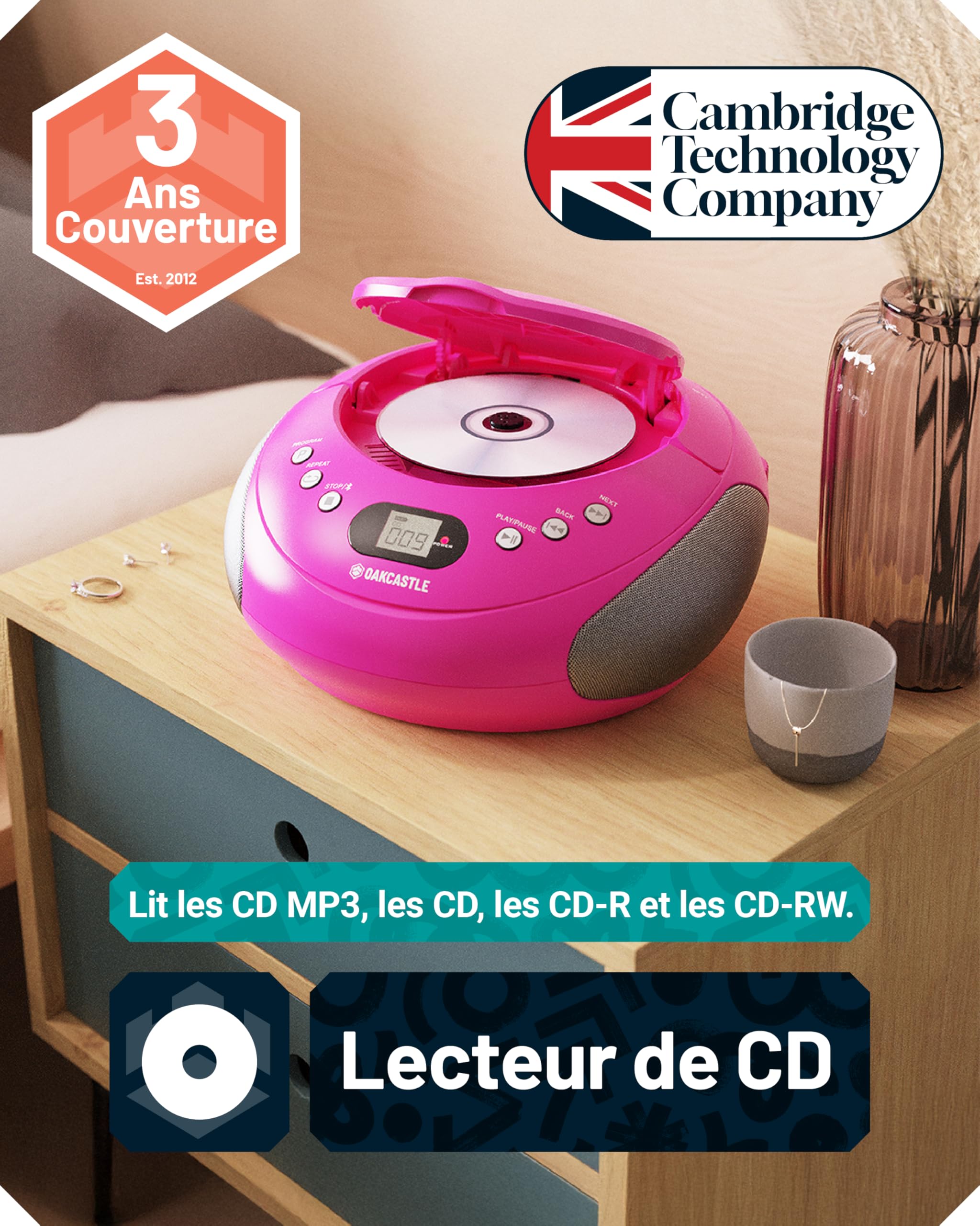 OAKCASTLE CD250 Boombox Bluetooth Portable | Contrôles faciles à Utiliser pour Enfants | Lecteur CD Portable avec Radio FM, 30 préréglages Radio, Affichage LED et Prise Casque (Rose)