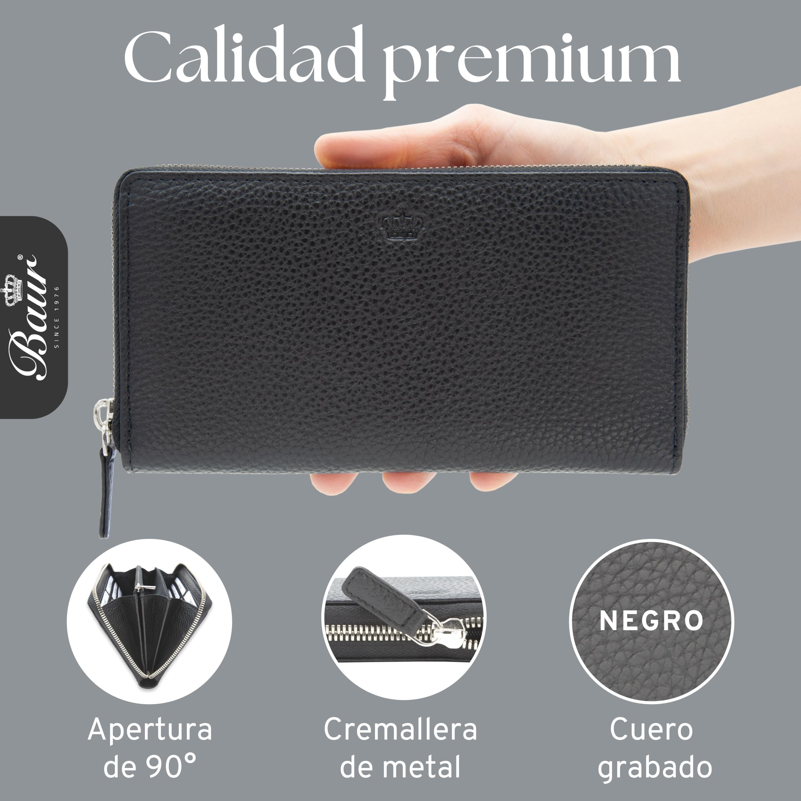 Baur - Cartera de piel auténtica para mujer | Cartera con protección RFID | Cartera grande con muchos compartimentos para tarjetas | Cremallera completa | Monedero para mujer, Negro , 19,7 x 10 x 2,5
