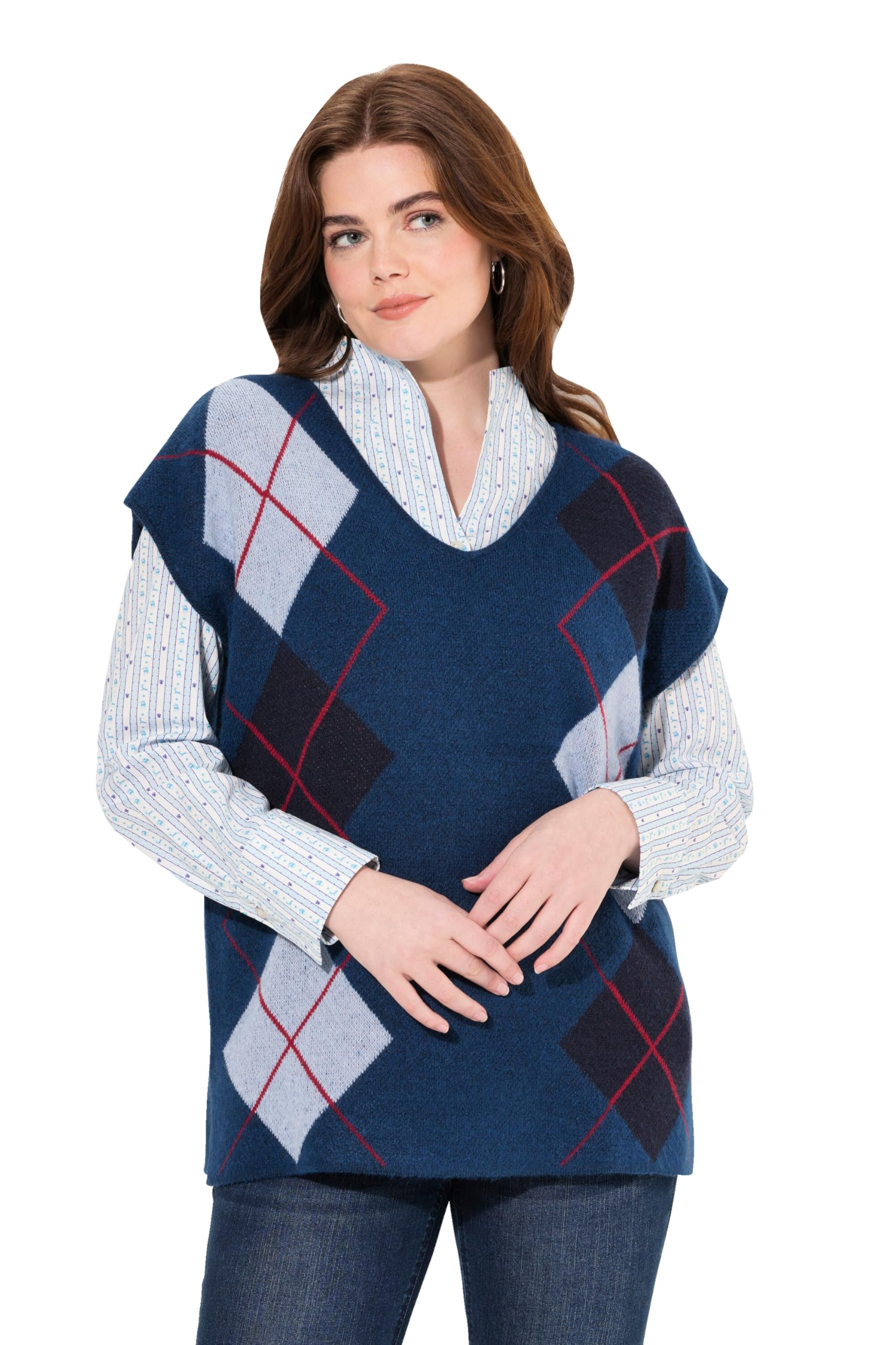 Ulla Popken Damen große Größen Übergrößen Plus Size Pullunder, V-Ausschnitt, Rhombenmuster, ärmellos 808418