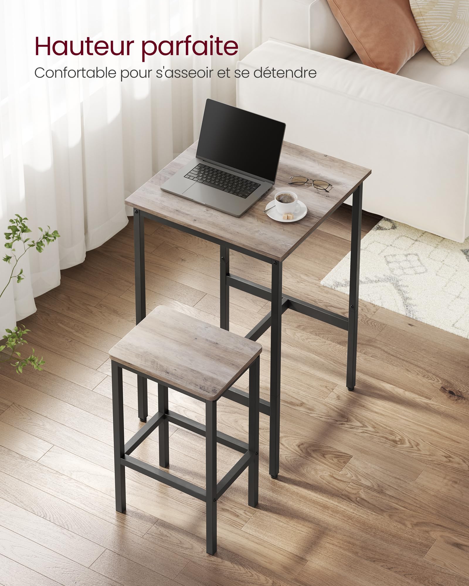 VASAGLE Ensemble Table de Bar avec Tabourets, Table à Manger avec 2 Chaises, Petite Table de Cuisine, Chaises de Bar, pour Salle à Manger, Cuisine, Grège Chiné et Noir d'encre LBT017B02
