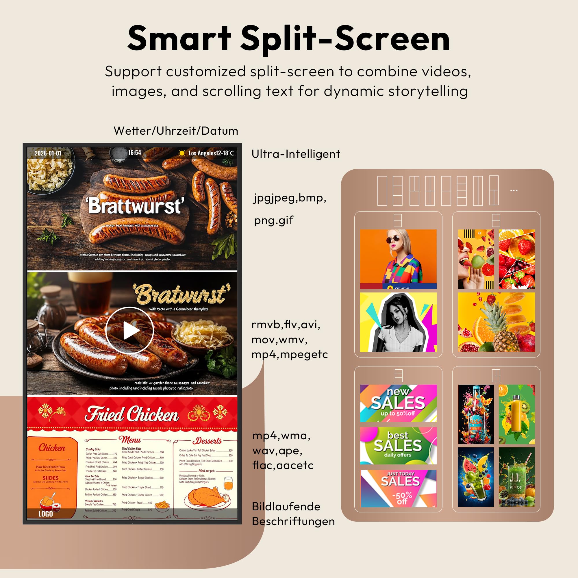 65" Écran publicitaire 3000 Nits, IPS Ecran Publicitaire 4K Affichage sur Pied avec Auto-Luminosité, cms/USB/WiFi/HDMI, Totem Affichage Publicitaire pour Vitrine, Restaurants et Entreprise