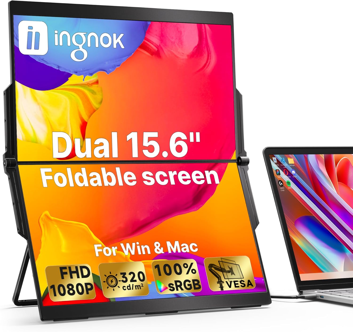 Ingnok 15.6" Dual Portable Monitor, FHD 1080P Laptop Screen Extender, Compatible with (Wins/Mac), 180° Foldable&4 Speakers, Plug & Play for Laptop, Mac,PC