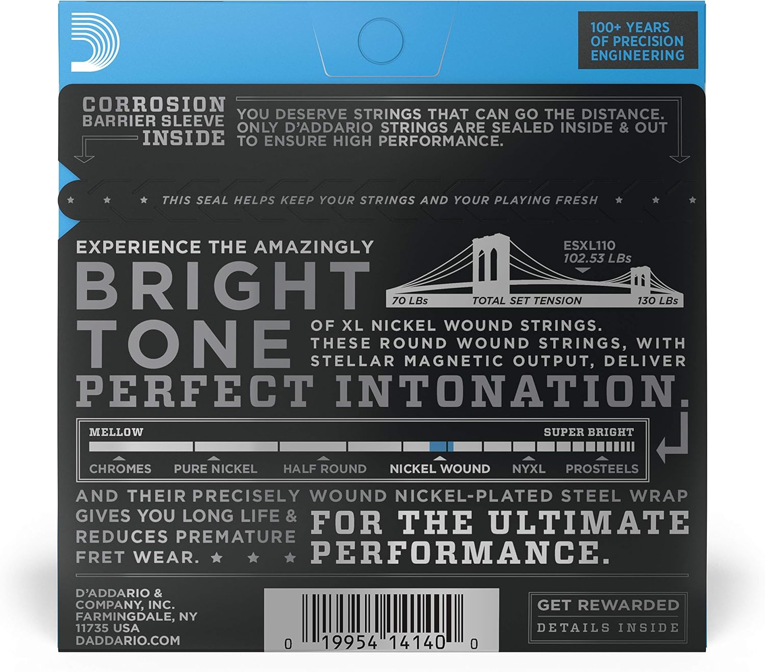 D'Addario Guitar Strings - XL Nickel Electric Guitar Strings - ESXL110 - Perfect Intonation, Consistent Feel, Reliable Durability - For 6 String Guitars - 10-46 Regular Light Double Ball End
