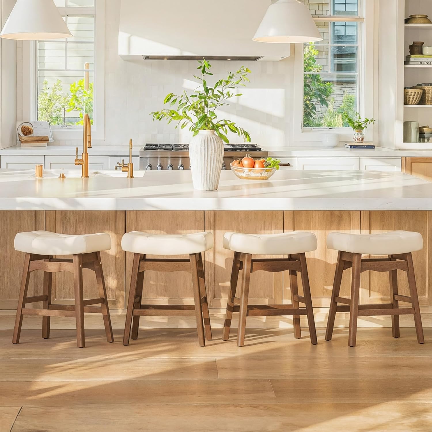 Cozyman Bar Stools Set of 2, 24" H Saddle Counter Stools for Kitchen Counter, Counter Height Upholstered Backless Barstools with Wooden Legs, Faux Leather in Ivory