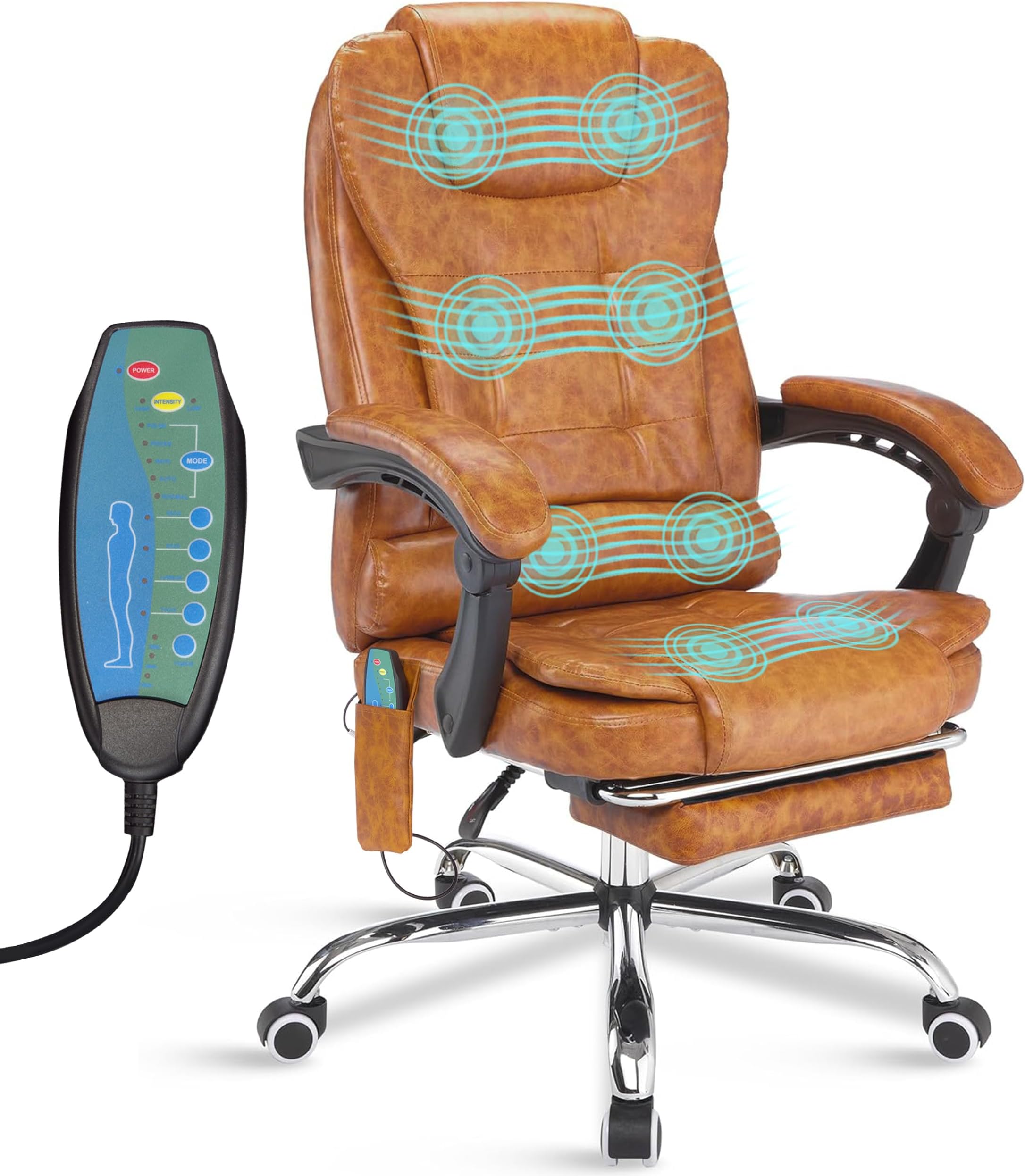 Blisswood Executive Office Chair For Home, 8 Point Massage Office Chair With Footrest & Lumbar Support, Computer Desk Chairs Swivel Recliner Chair For Home Office (Gold Brown)