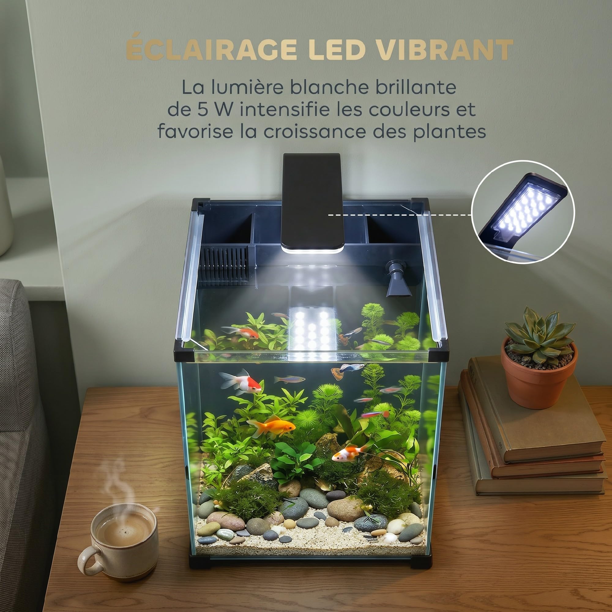 PawHut Aquarium en Verre Trempé 36L Complet avec Filtre Intégré, Pompe 5W et Éclairage LED - Nano Kit Débutant pour Plantes et Poissons 30x30x45cm, Noir