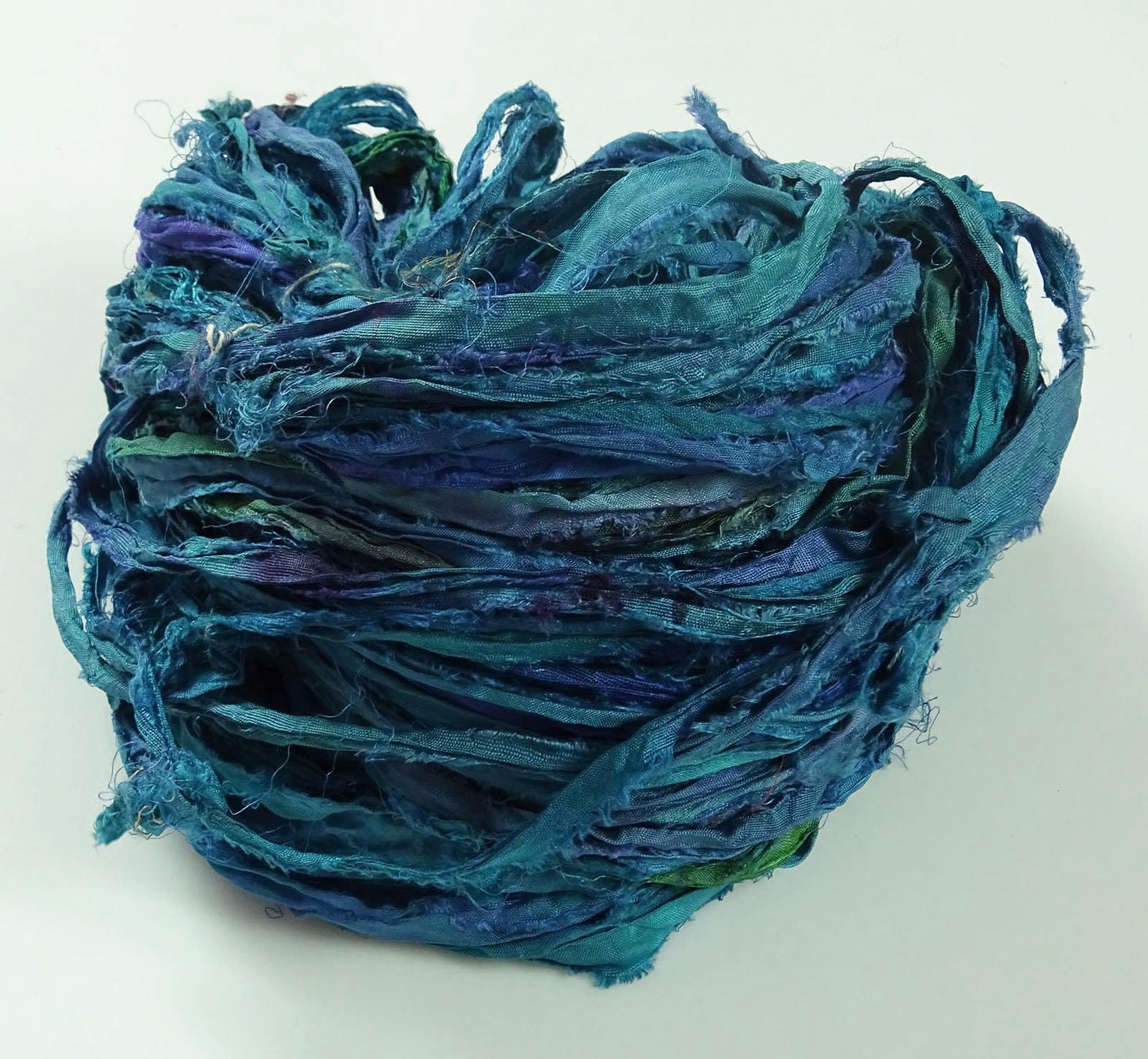 Vintageandyou 100g Recycled Sari Silk Ribbon Yarn, Jewelry Making Trim - Blue Mix - Image 3