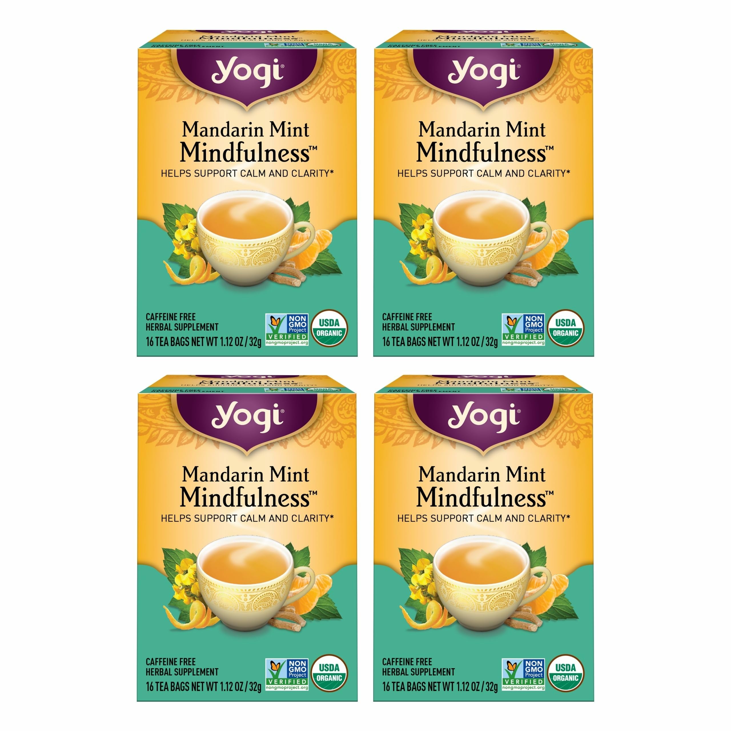 Tea Mandarin Mint Mindfulness - 16 Bags per Pack (4 Pack) - Organic Mandarin Mint Tea - Calming Herbal Tea - Includes Ashwagandha, Reishi Mushroom, Mandarin, Peppermint & More