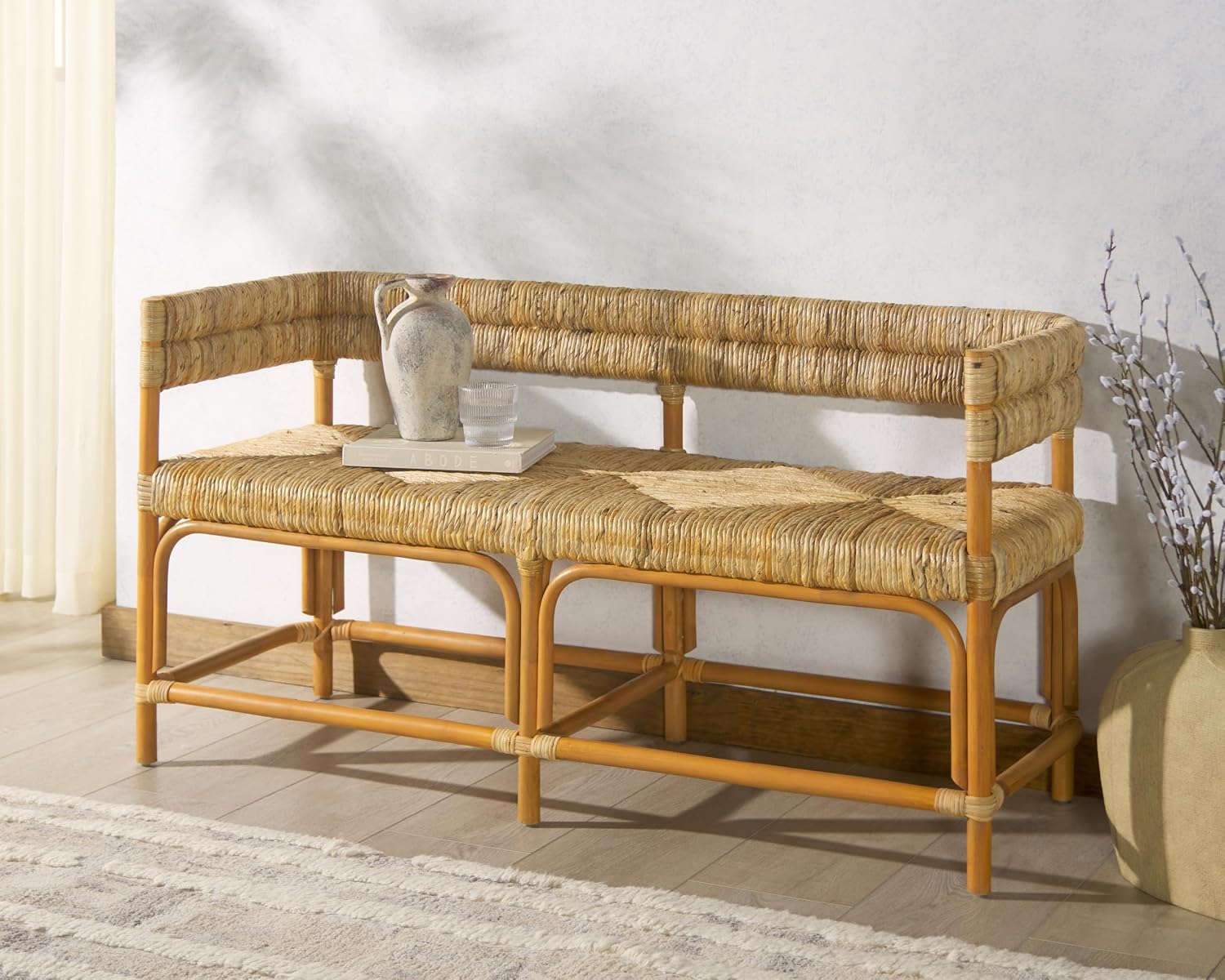 SAFAVIEH Couture Collection Elexa Tropical Coastal Natural Rattan Banana Woven Bench (Fully Assembled)
